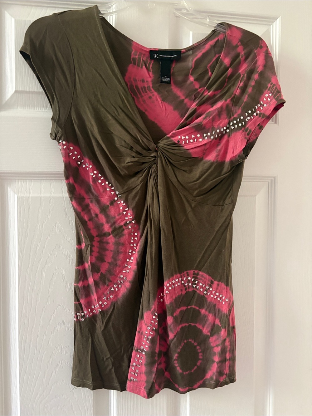 INC International Concepts Olive and Pink Tie-Dye Knot Front Short Sleeve Top